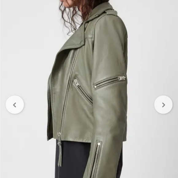 ALL SAINTS Darnley Slim Fit Biker olive/Sage green 100% Lamb Leather Jacket- 6 - Picture 7 of 16